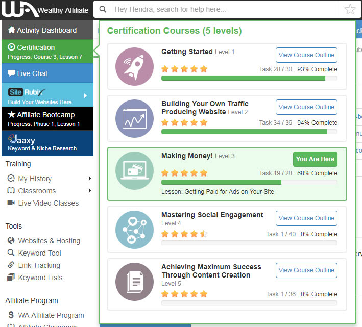 The 5 certification courses at Wealthy Affiliate